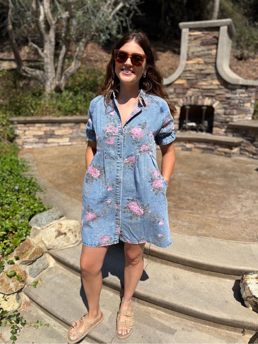 Denim Shirt Dress with Pink Floral Embroidery